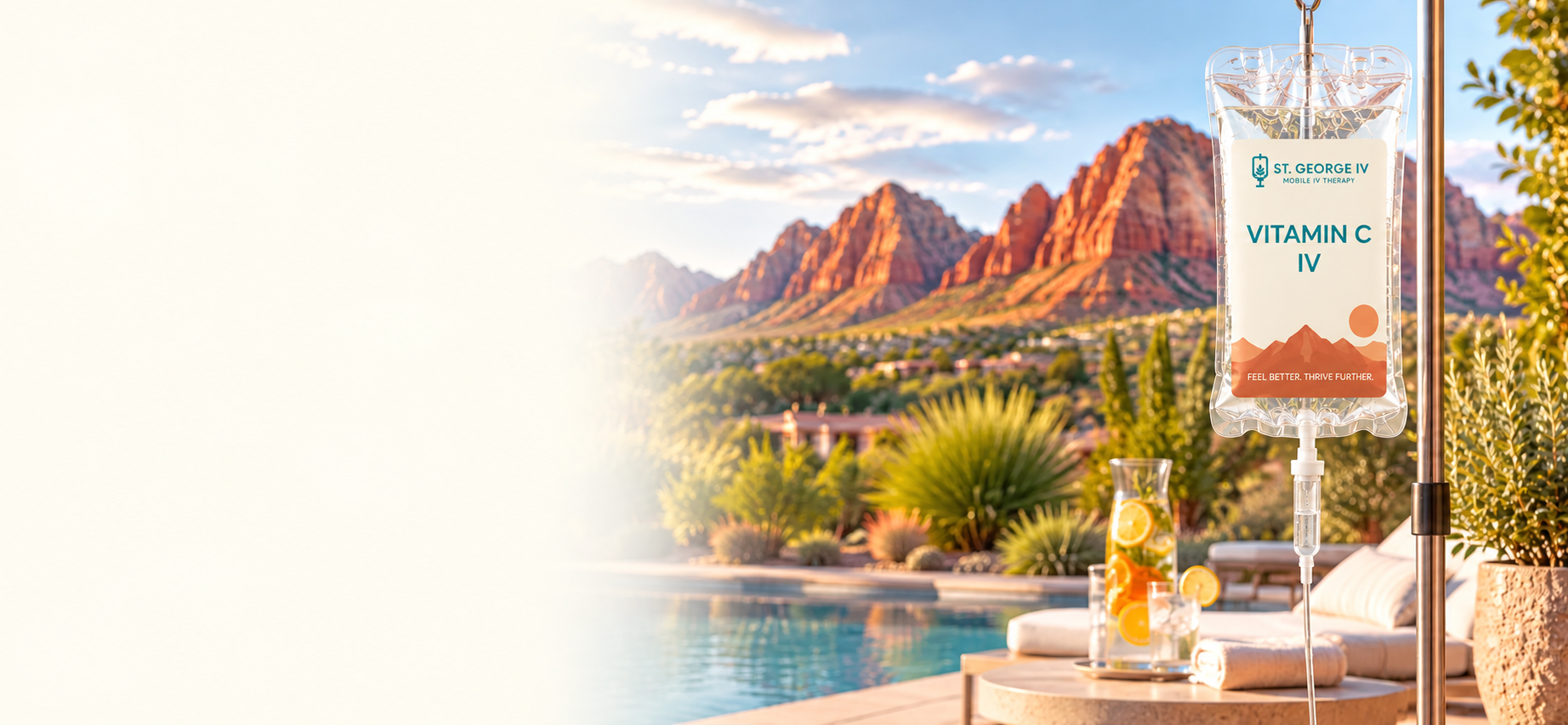 Vitamin C IV bag with one centered tube on a sunny Southern Utah terrace