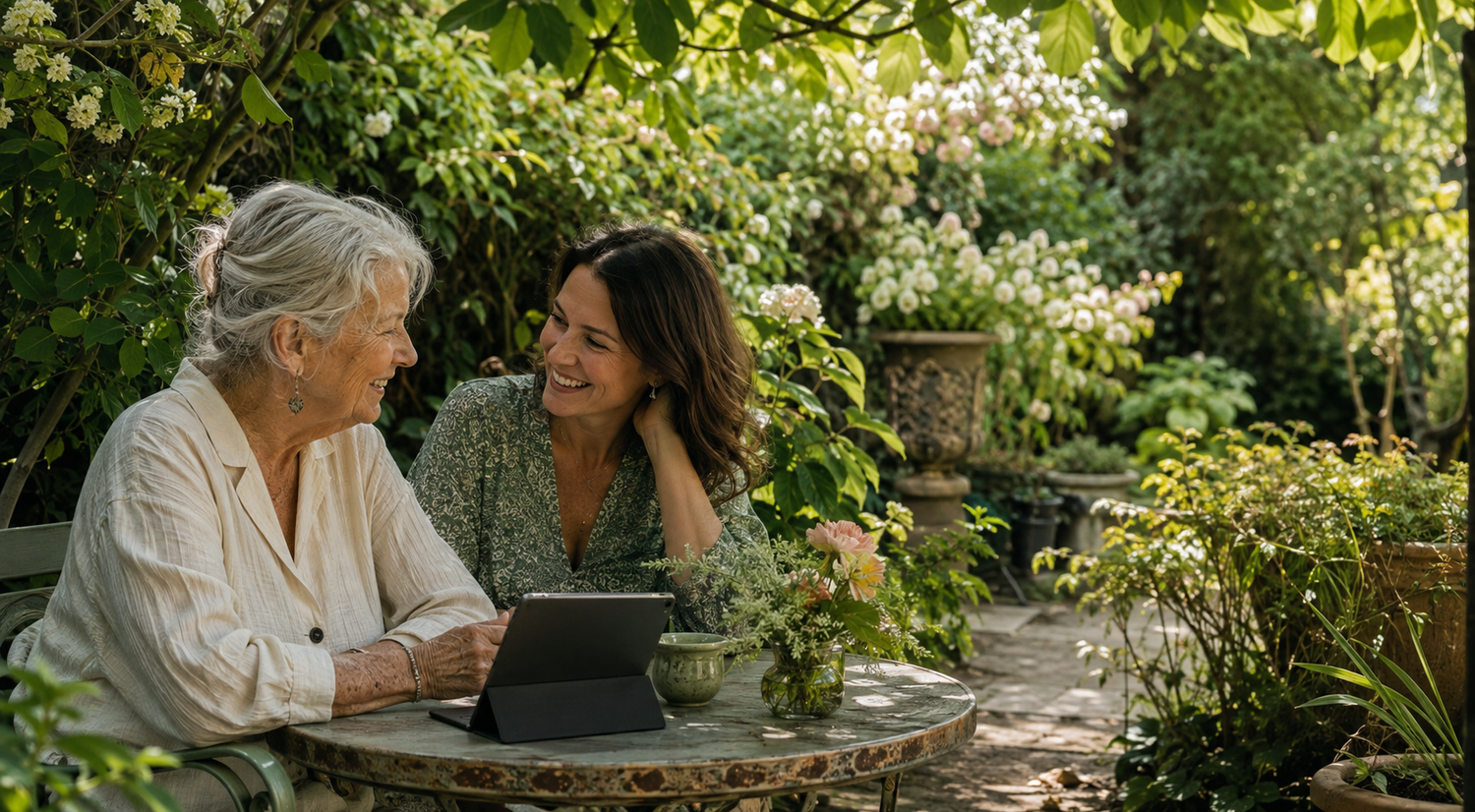 Una abuela conversa con su nieta junto a una tableta en un jardín familiar