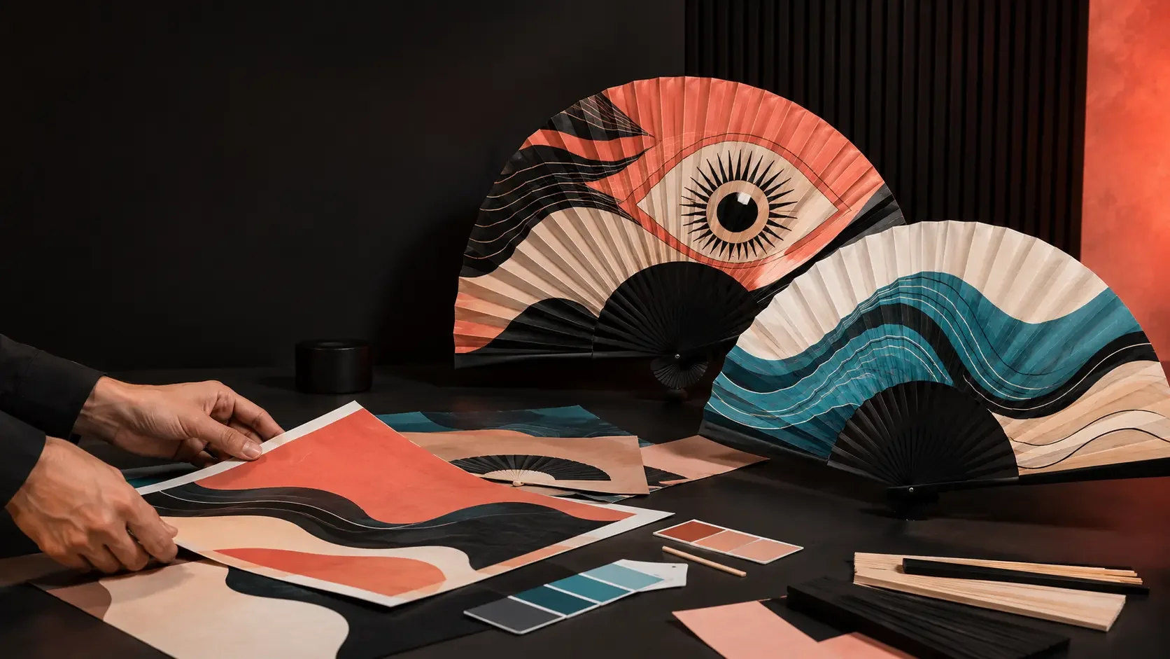Custom printed folding fan designs being developed in a creative studio