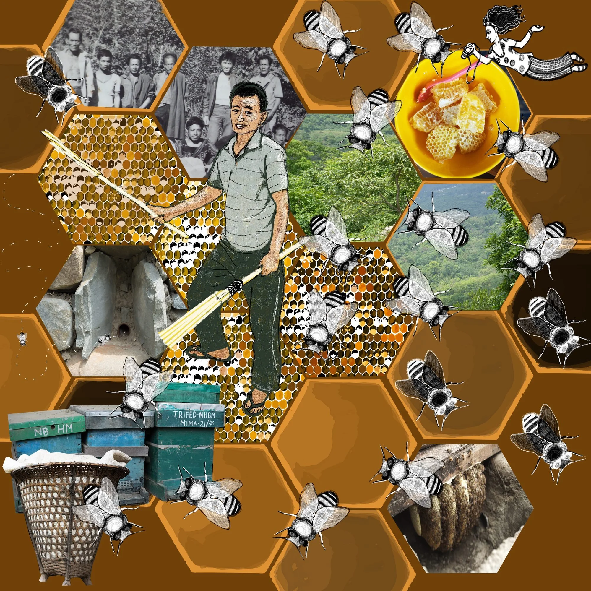 Suse Kamu among honeycomb hexagons, by Sarah Khan