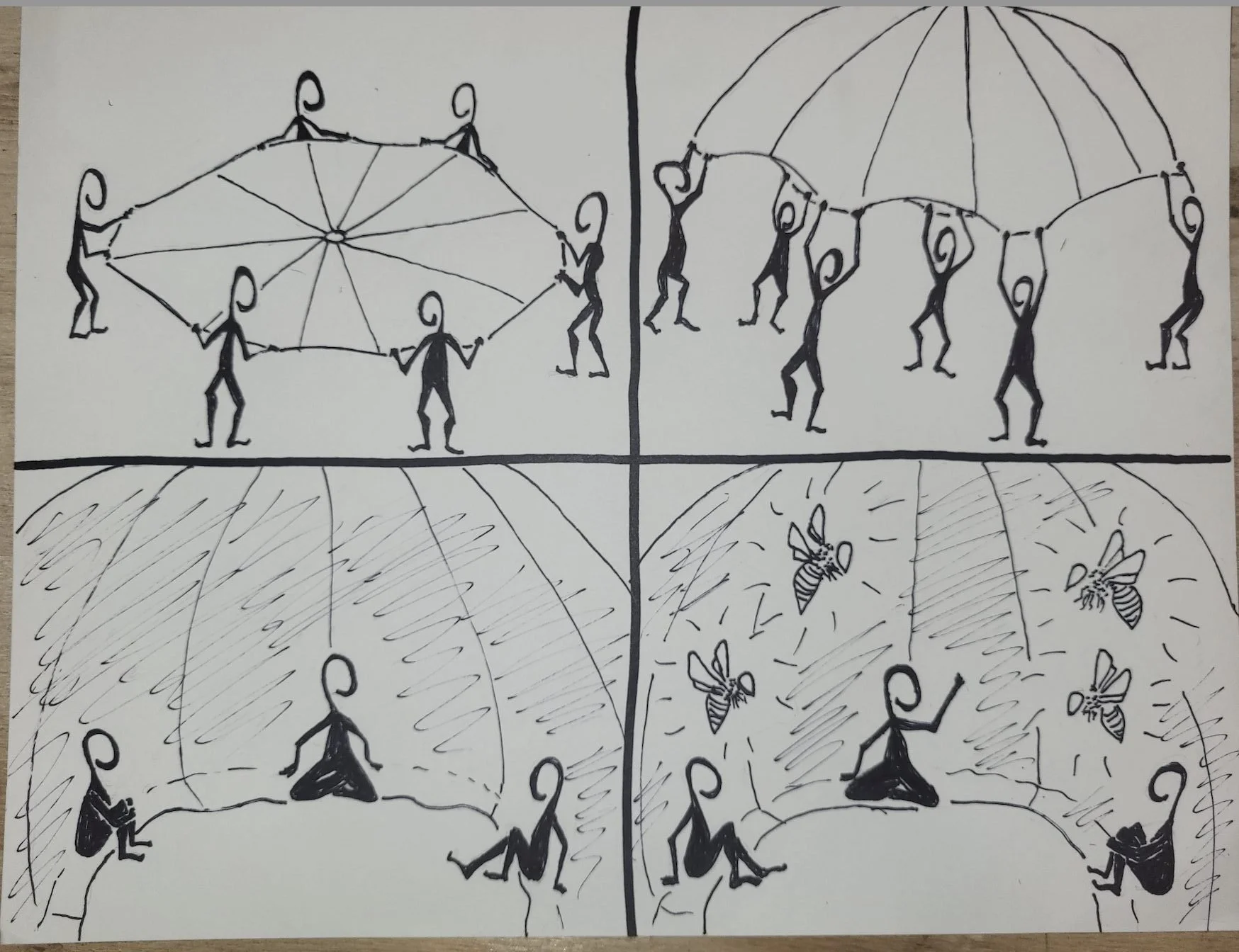 Comic drawing of people playing with a parachute, by Rebecca Wood