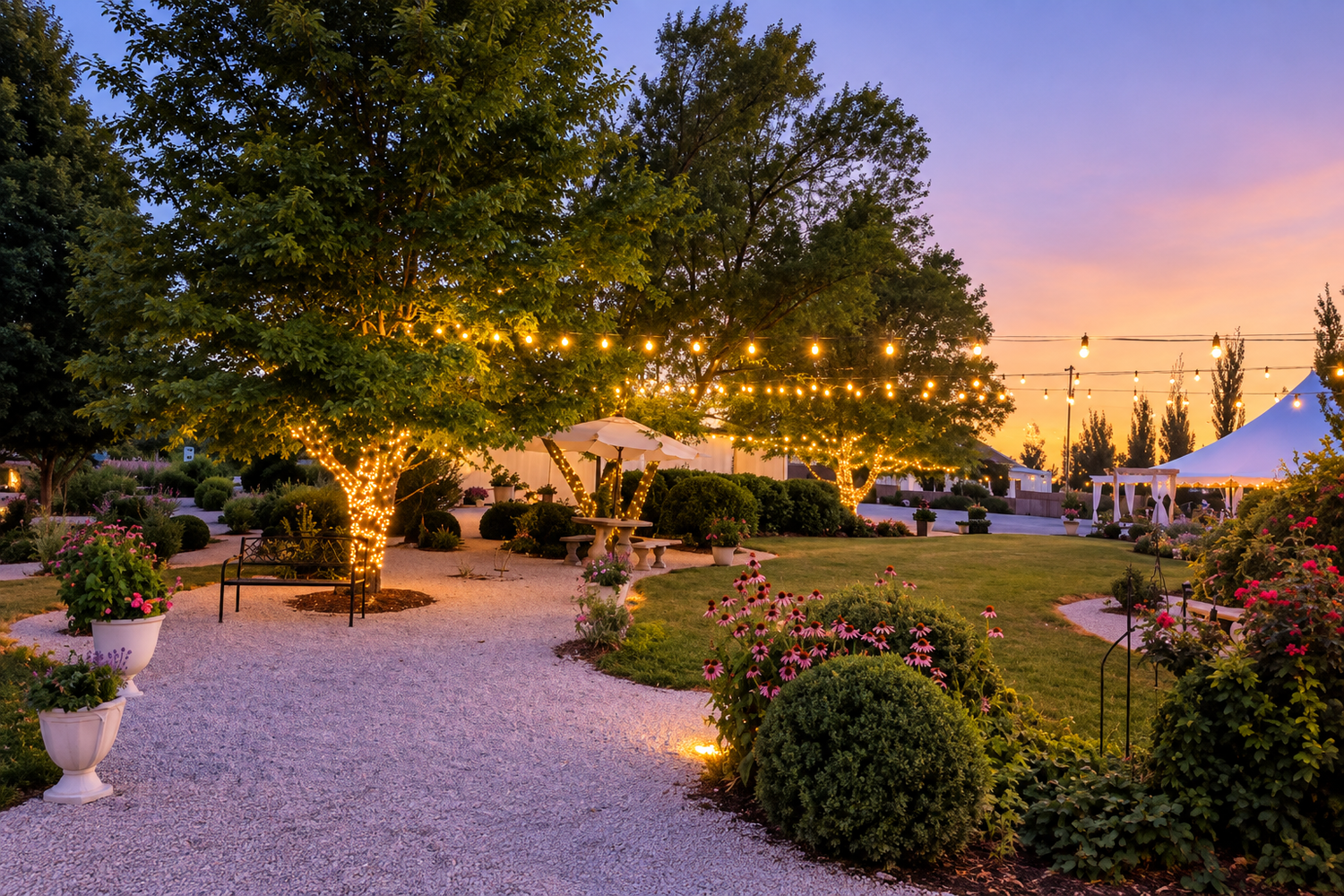 A Secret Place wedding venue gardens at night