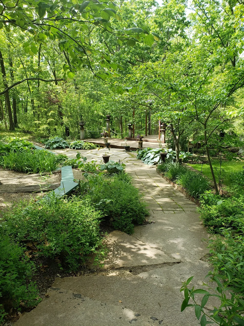 Wooded garden ceremony area at Alpine Park and Gardens in Columbia Missouri