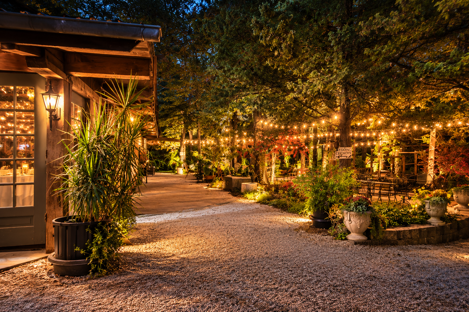 Alpine Park and Gardens wedding venue in Columbia Missouri illuminated with string lights at night