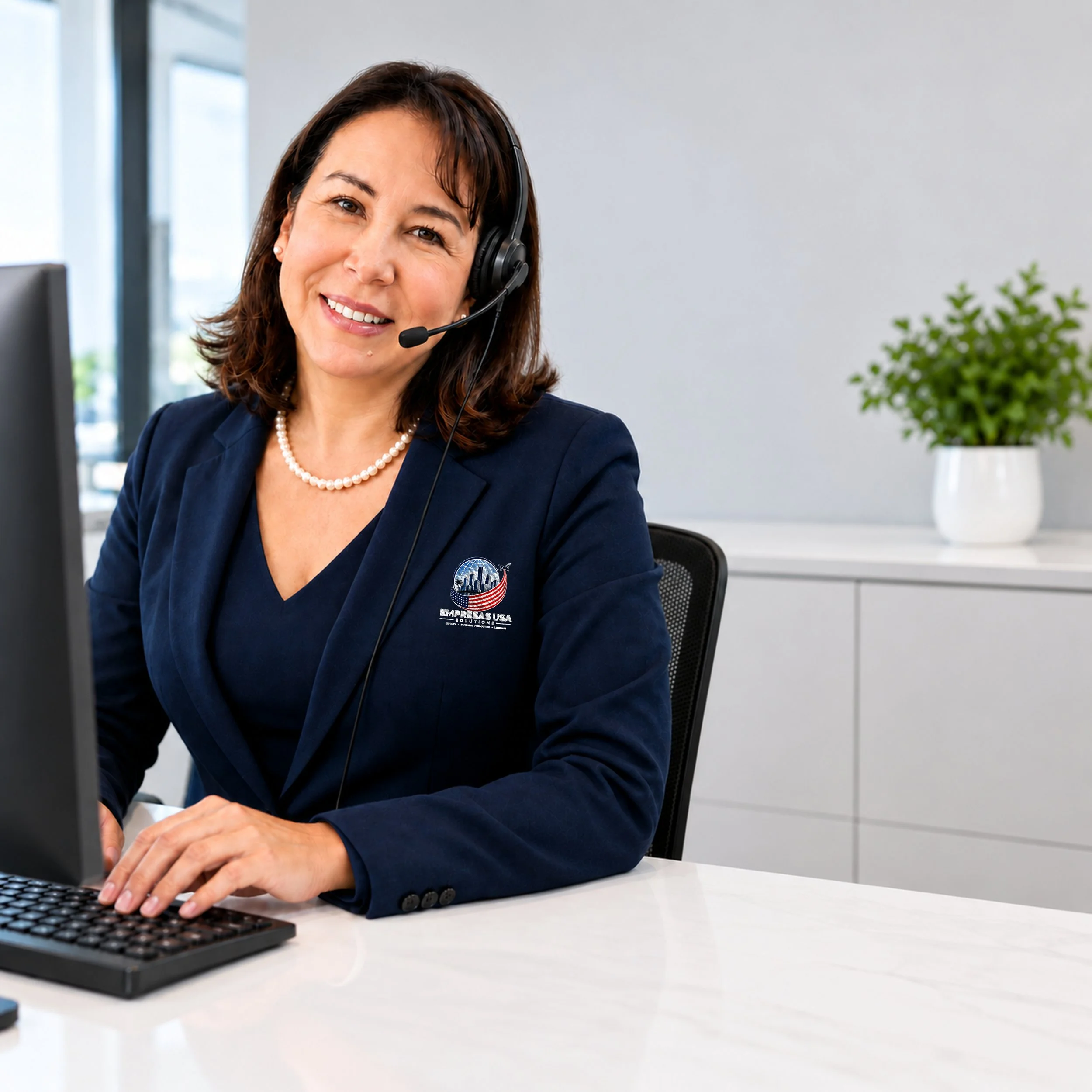 Una profesional sonriente con auriculares en un escritorio de Empresas USA Solutions