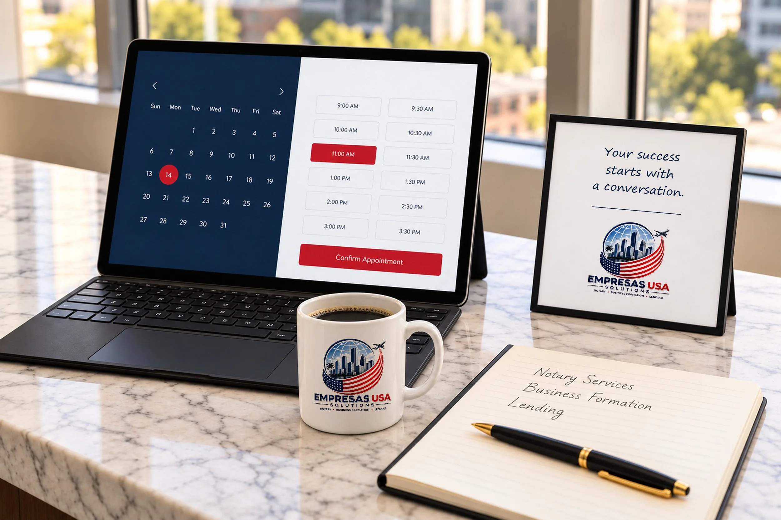 Calendario de citas en una tableta junto a una taza y un cuaderno de consulta en una oficina luminosa
