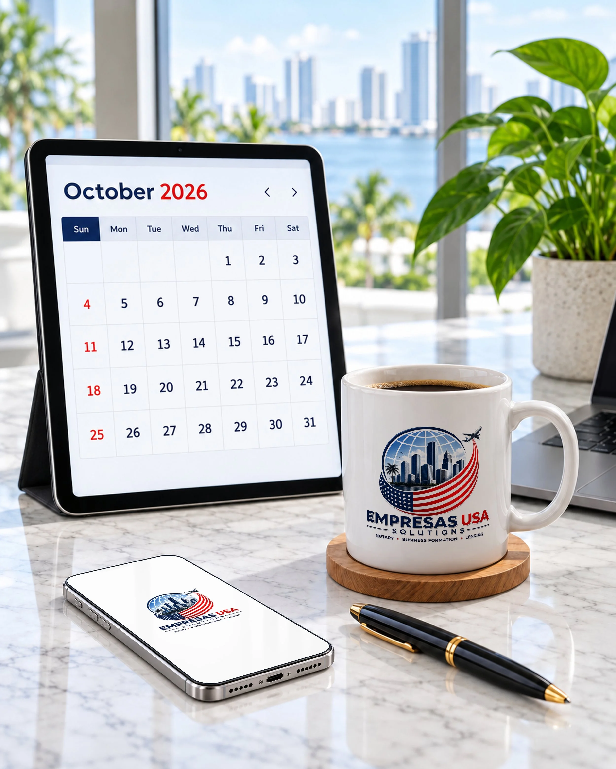 Marble desk with calendar tablet, coffee mug, phone, pen and laptop