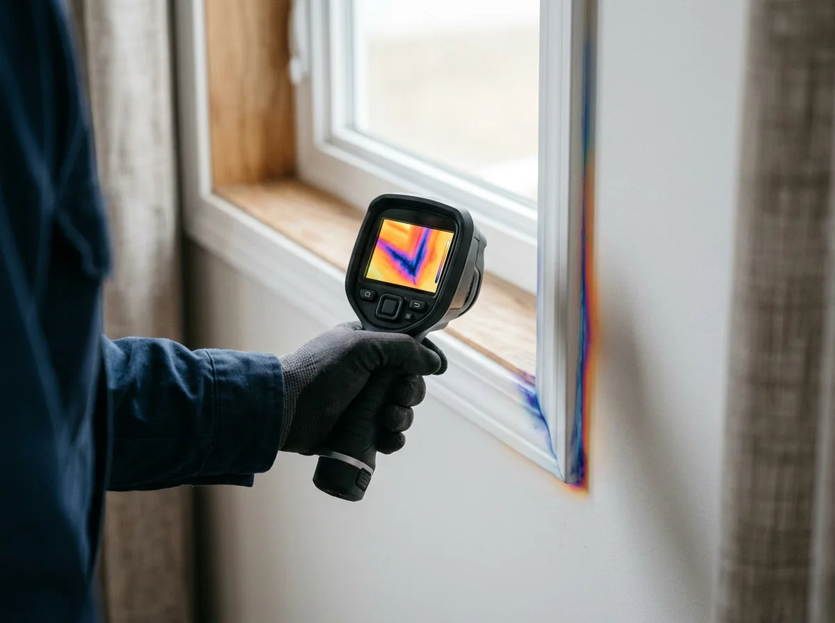 Inspector scanning a window frame with a handheld infrared thermal imaging camera to map air leaks