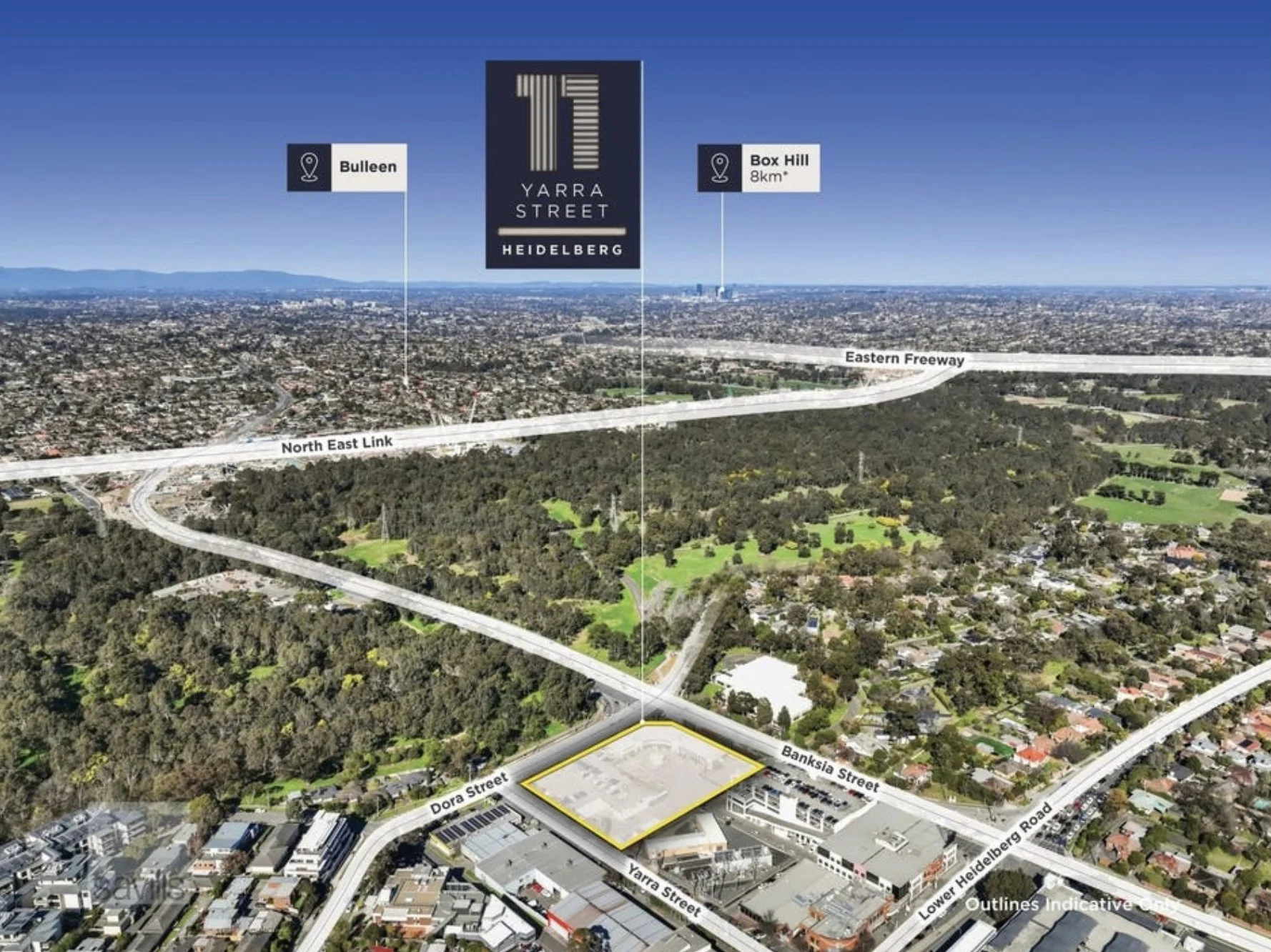 Aerial view from the site towards the Yarra River parklands and the city