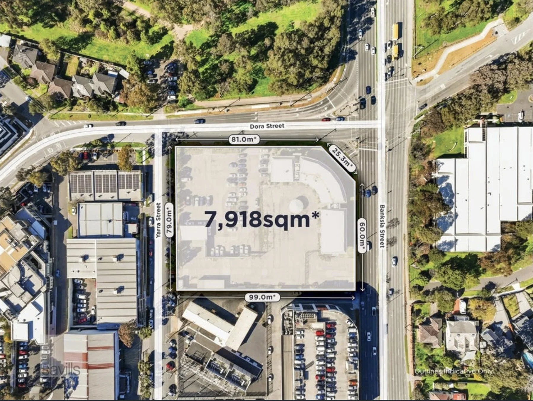Aerial view of the 7,918sqm site outlined, showing all three street frontages