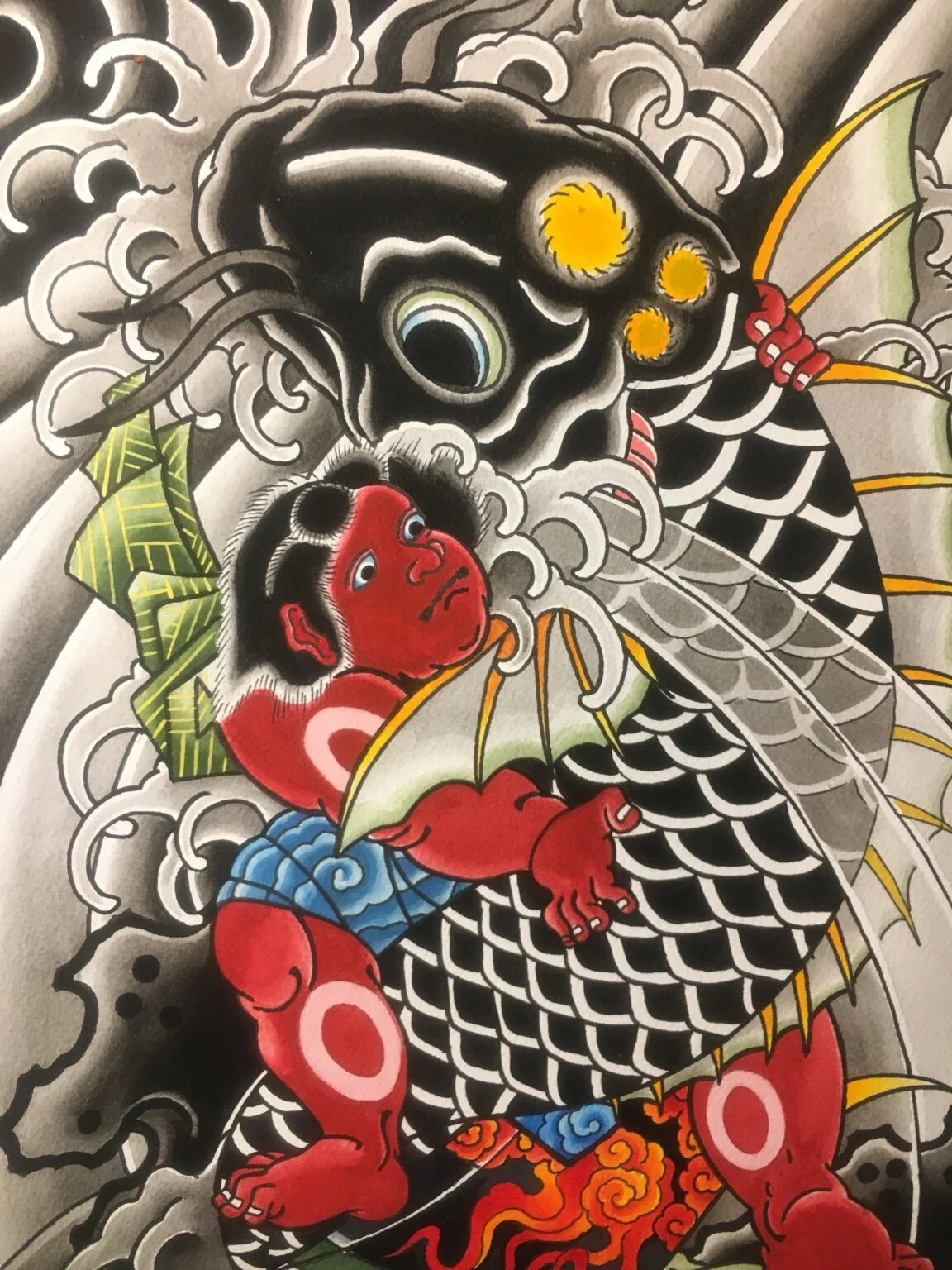 Hand-drawn Japanese Kintaro, koi and wave composition.