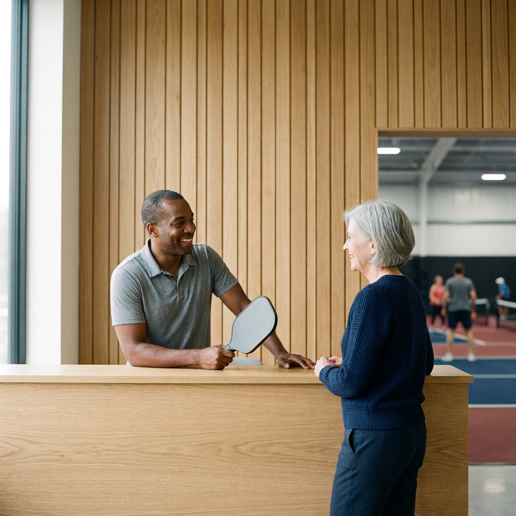 A smiling player with a paddle chatting with a member at the Club 65 front desk, with courts in the background