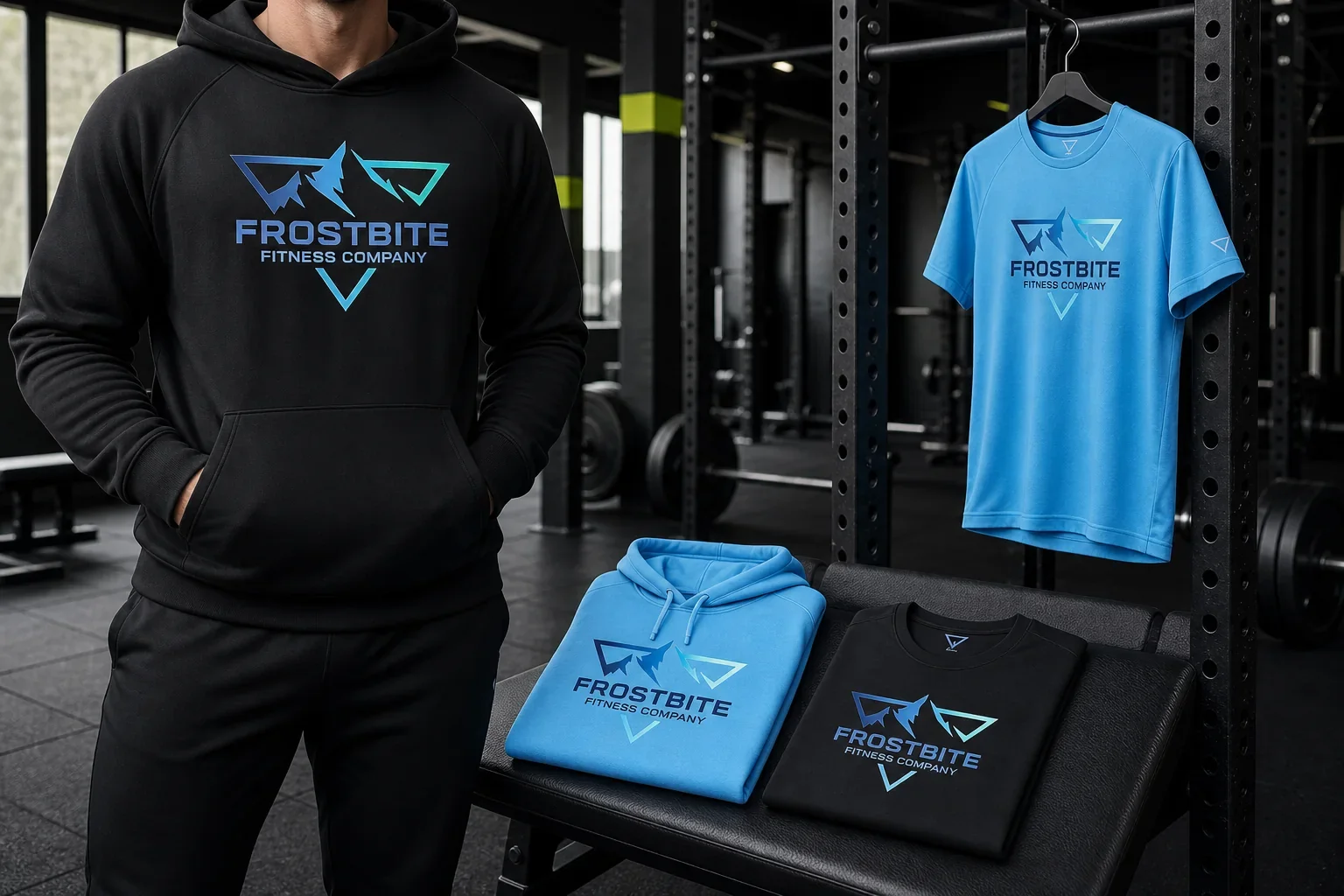 Frostbite hoodies and training T-shirts in black and ice blue