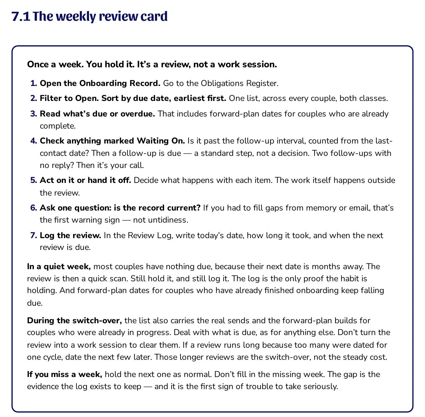 Blueprint page: the weekly review card