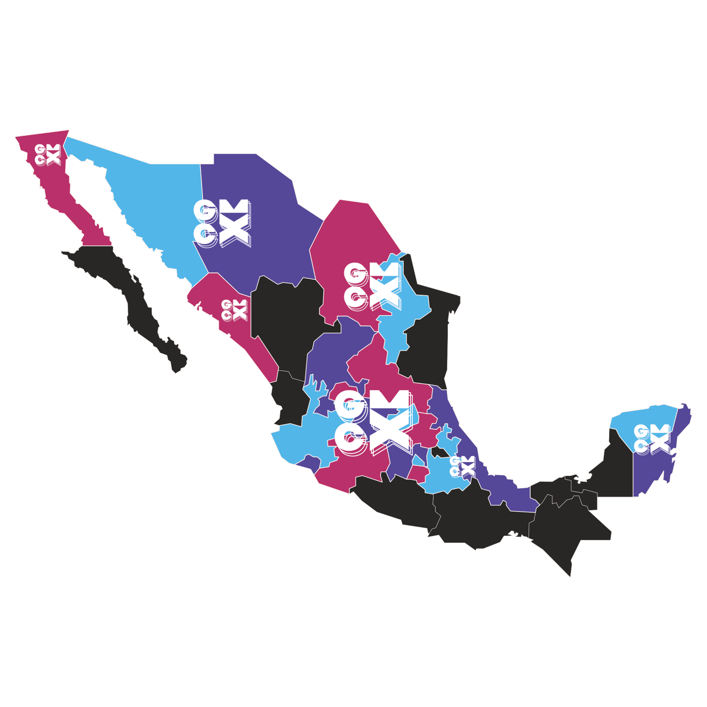 Mapa de México con los estados presentes en GCMX 2025 en los colores de la marca