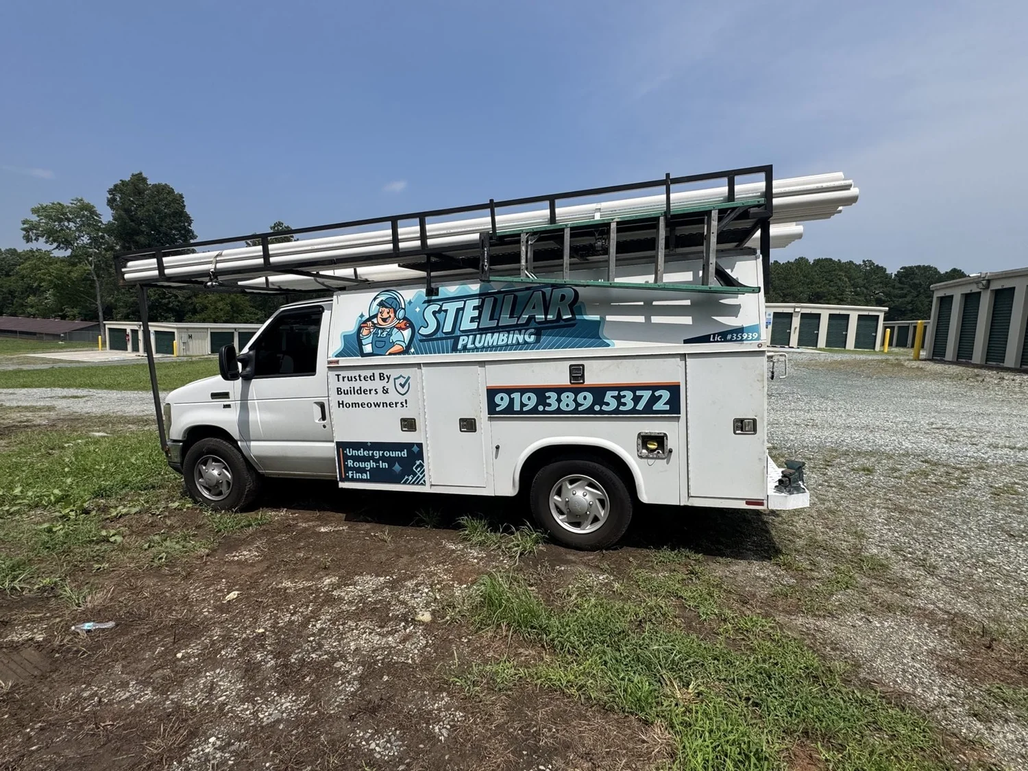 Wrapped Stellar Plumbing utility truck with ladder rack