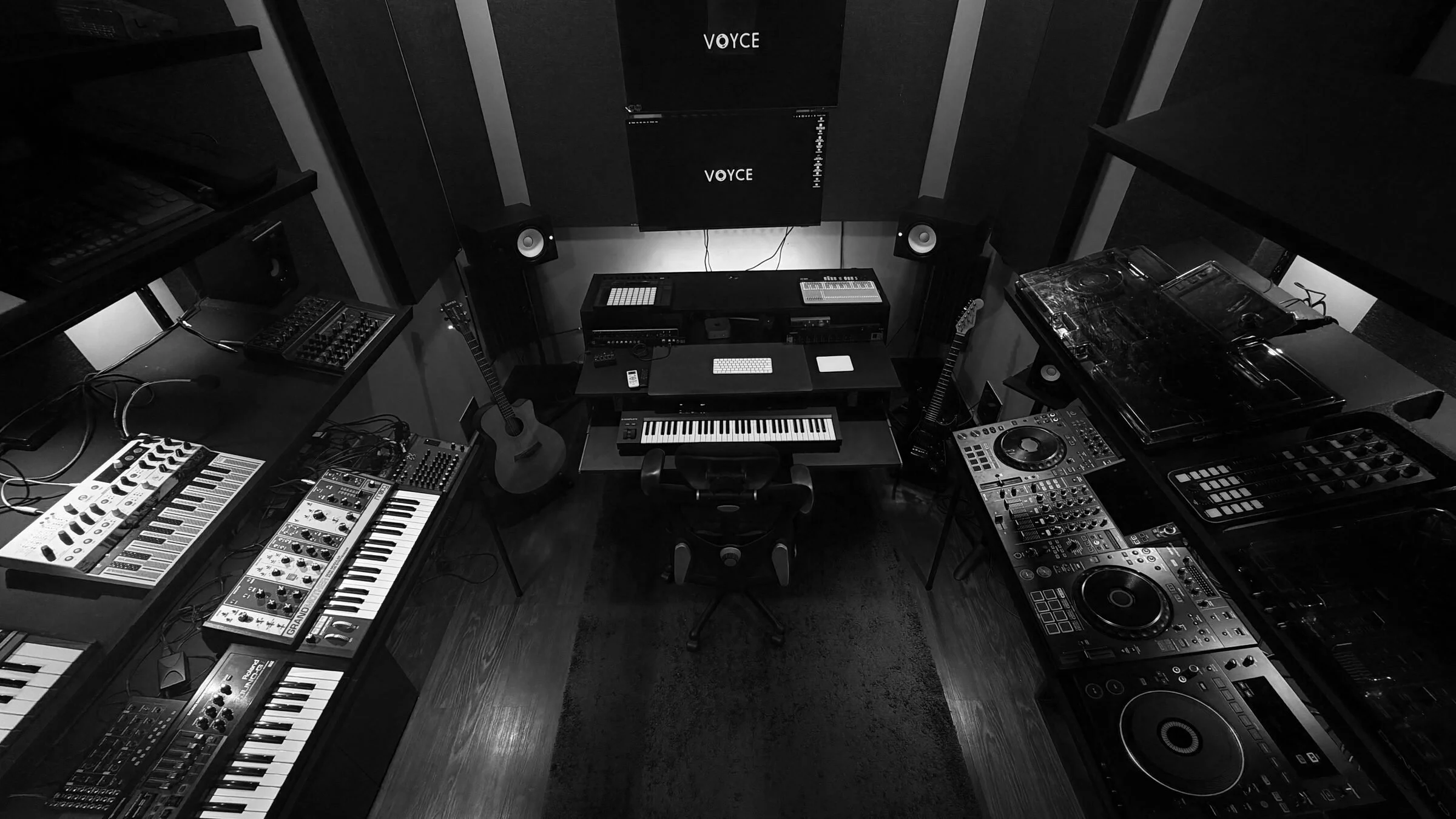 The VOYCE Academy studio: keyboards, synthesisers, DJ decks and monitors