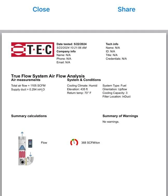Airflow test report showing 368 SCFM per ton