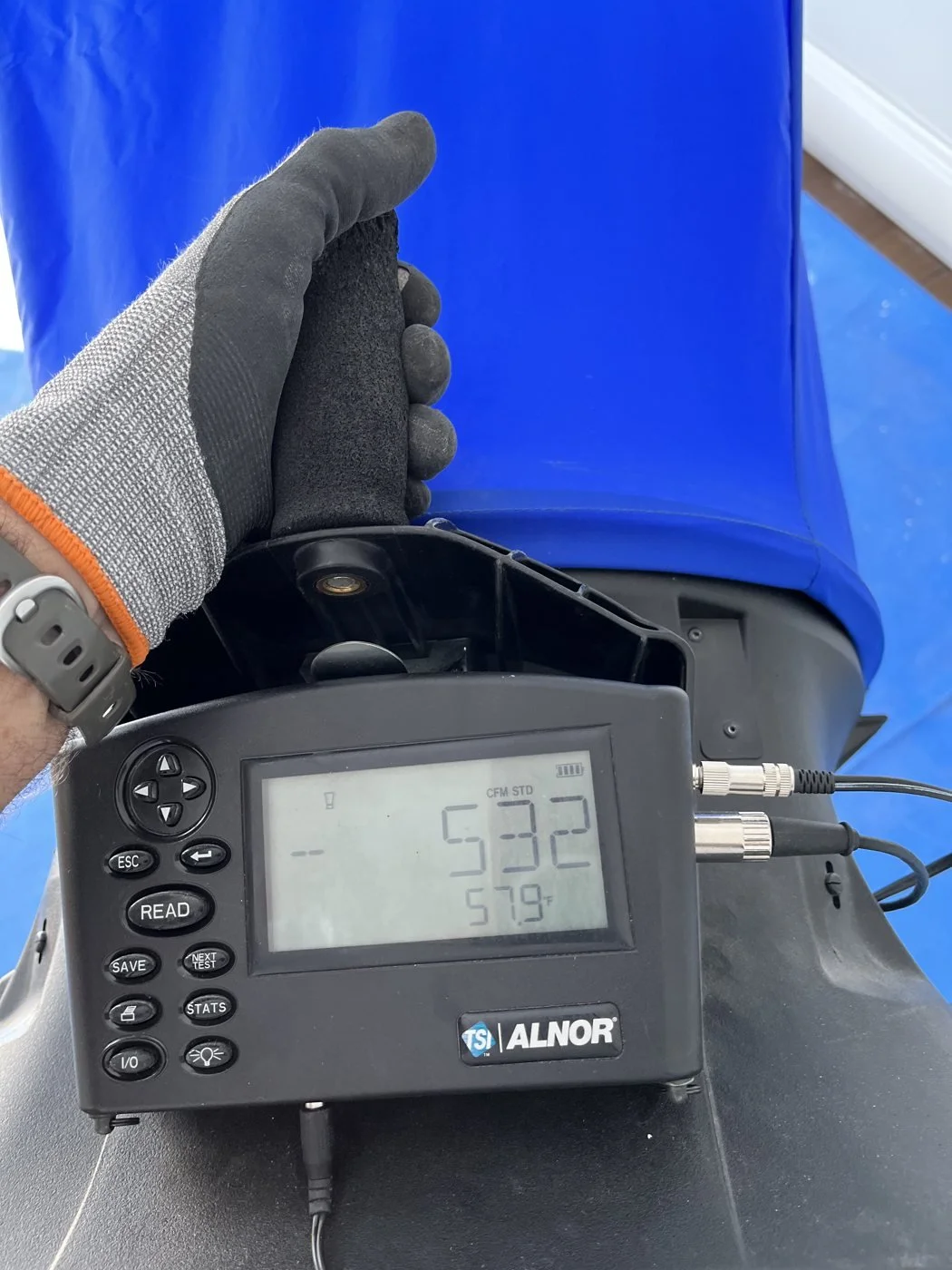 Flow hood meter reading 532 CFM
