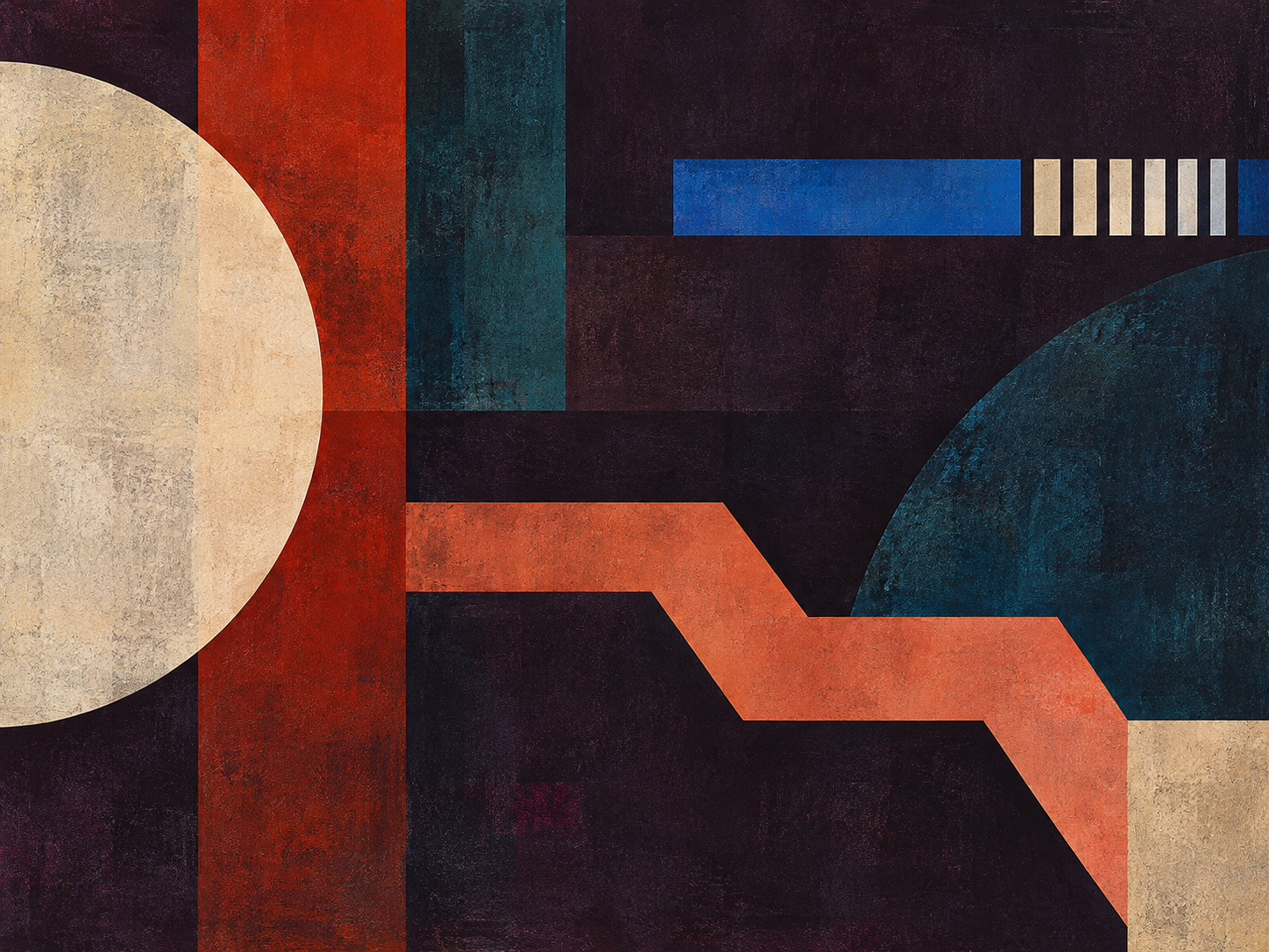 Cream and teal circular forms, a terracotta zigzag and blue bars occupy a plum ground.