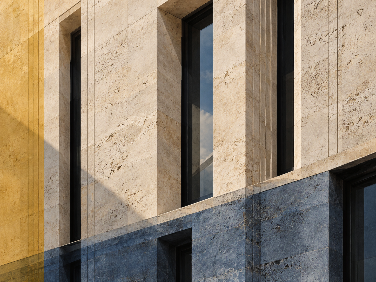 Recessed windows in a pale stone facade overlap blue and ochre fields.