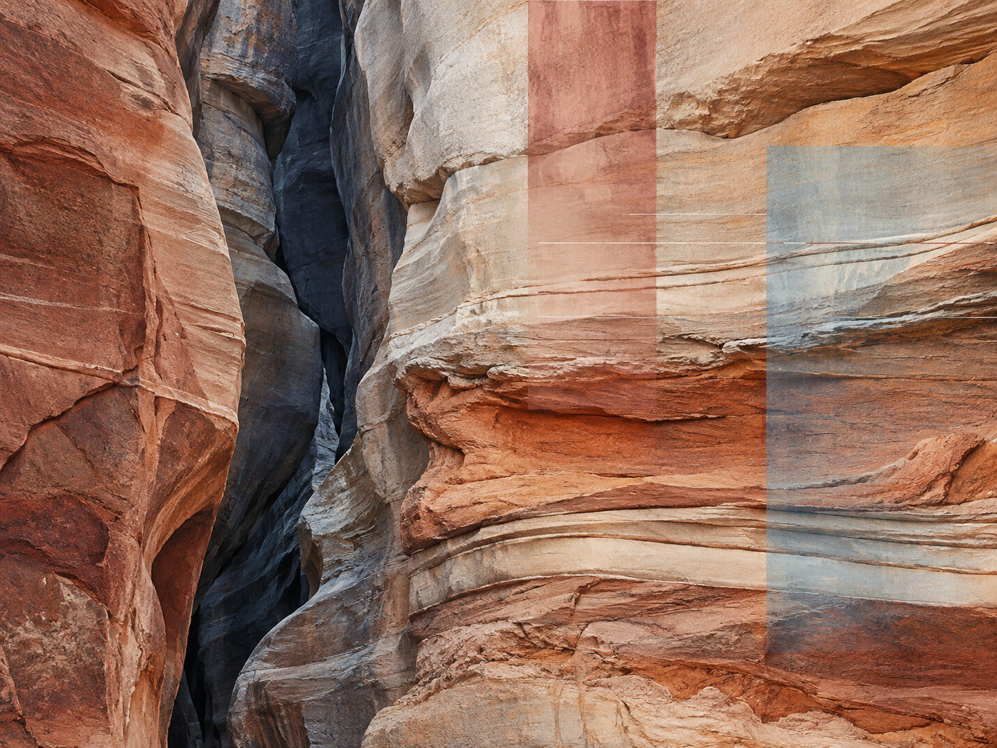 Layered sandstone and a deep cleft intersect pale rose and blue rectangular fields.