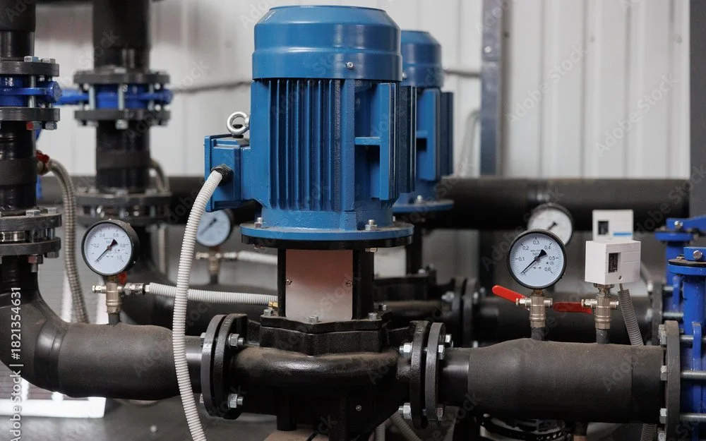 Pumps with pressure gauges in a plant room