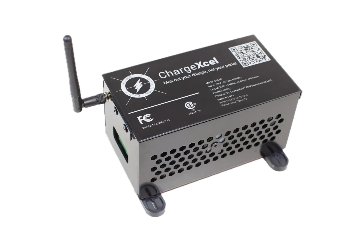 ChargeXcel unit with its Wi-Fi antenna, steel vented enclosure and mounting feet