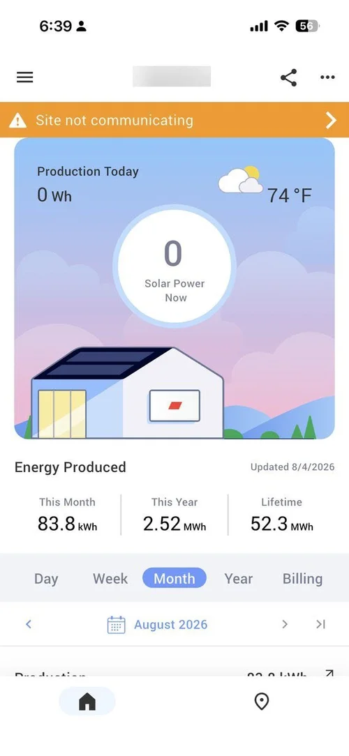 mySolarEdge app displaying Site not communicating and no current production data