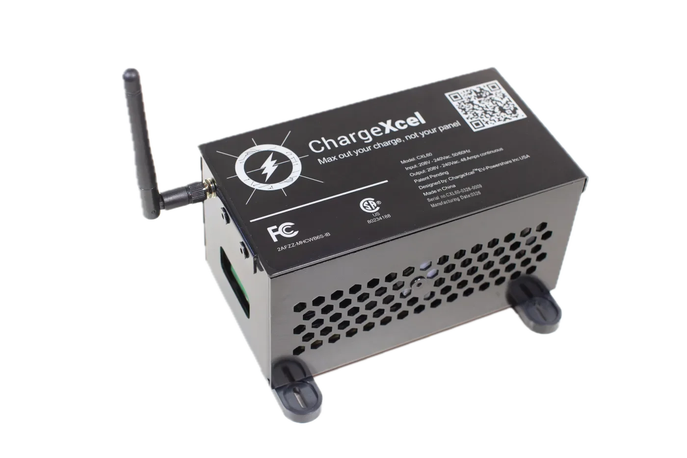 The ChargeXcel load management unit: a black steel enclosure with a Wi-Fi antenna, CSA and FCC marks, and the tagline Max out your charge, not your panel