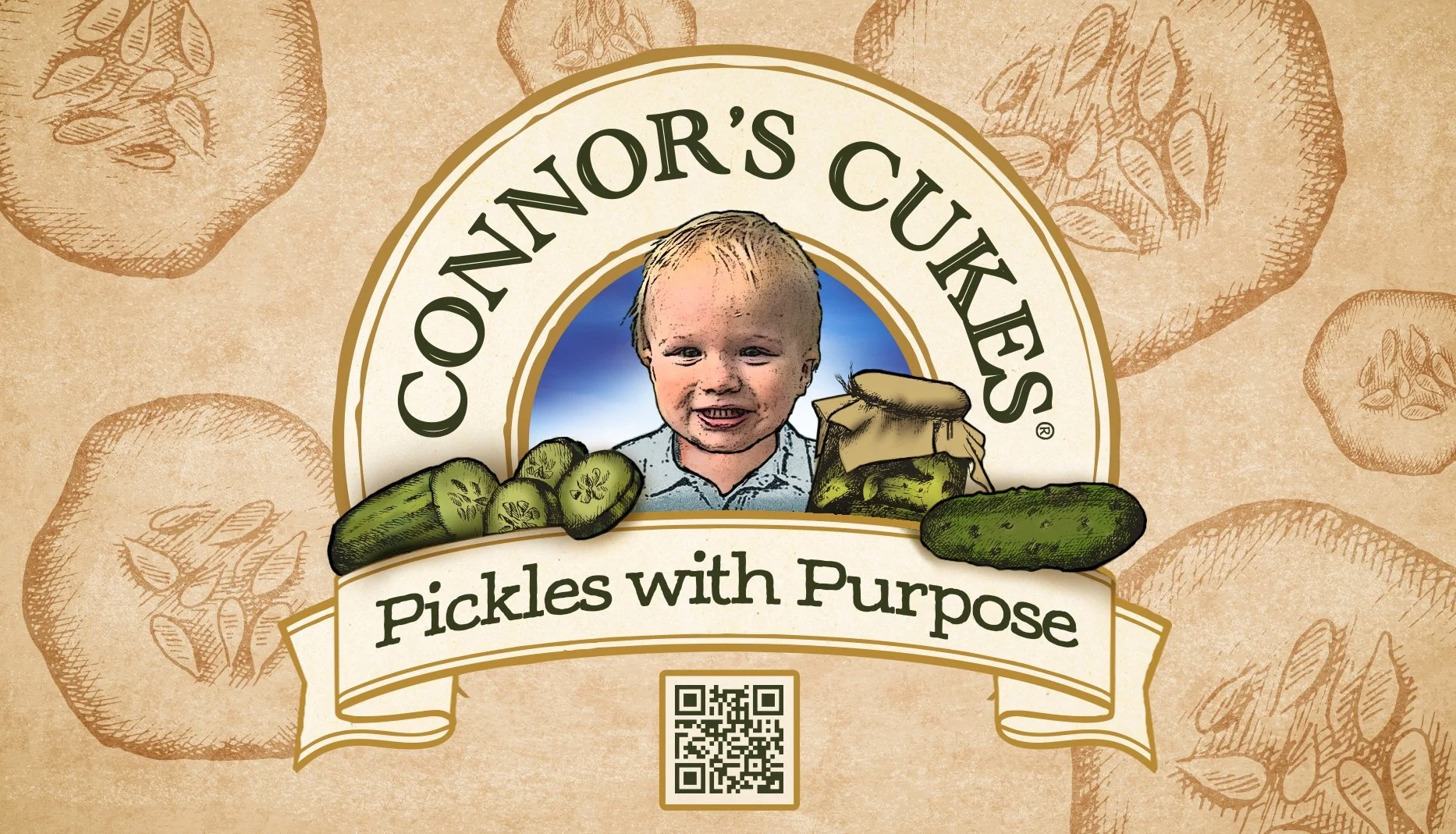 Connor's Cukes label featuring Connor's portrait, pickles, and the words Pickles with Purpose.