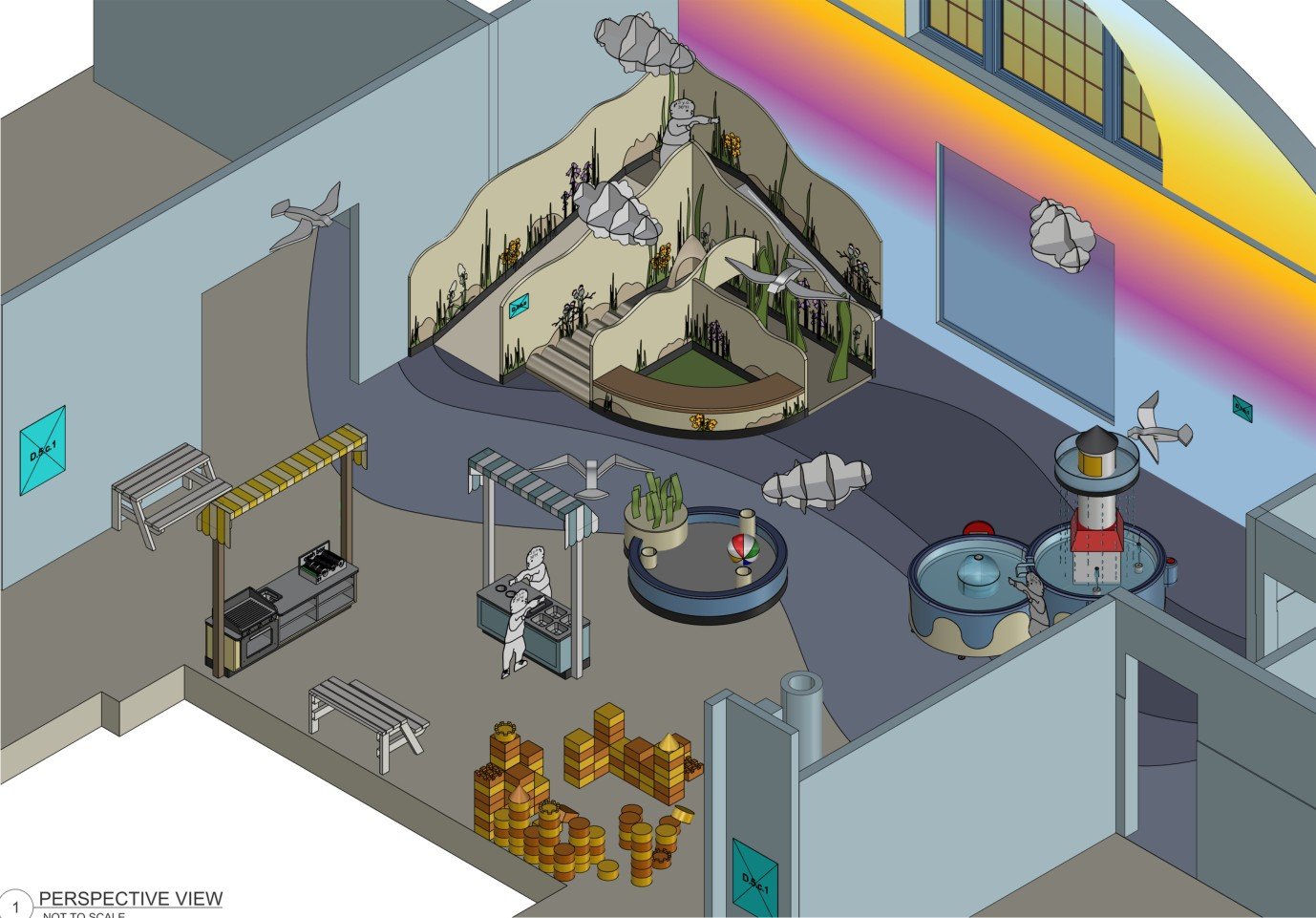 Little Lakeshore exhibit rendering with a dune-inspired play area, lighthouse, hands-on activity stations, and overhead clouds.