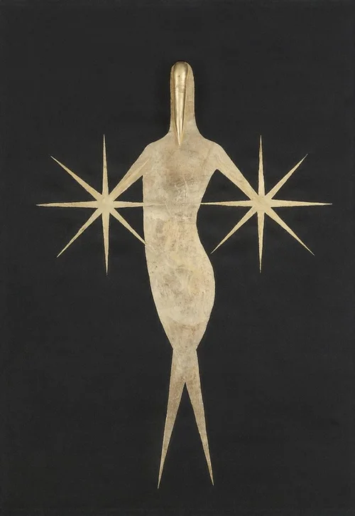 Gold-leaf figure holding two stars on black