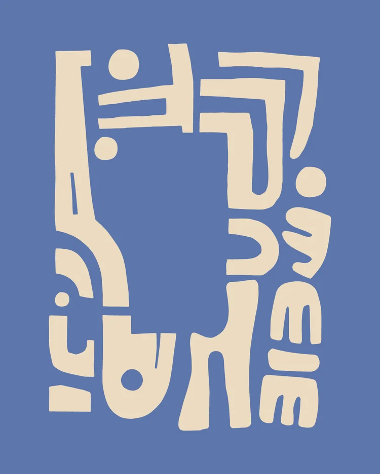 Yoku, cream abstract letterforms on a blue ground