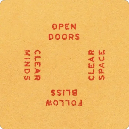 Marigold card stamped Open Doors, Clear Space, Follow Bliss, Clear Minds