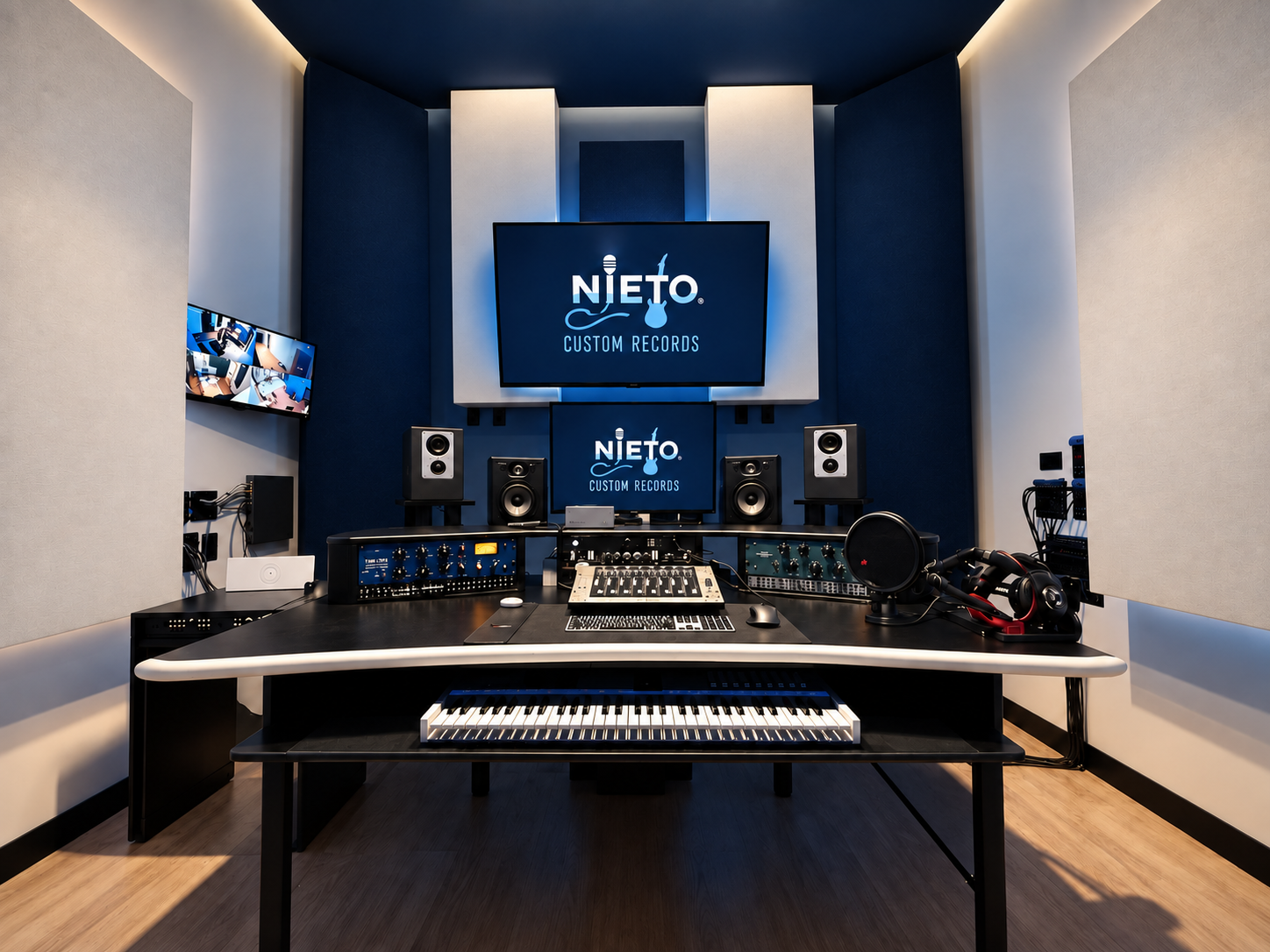 Nieto Custom Records control room with recording desk, studio monitors, and acoustic treatment
