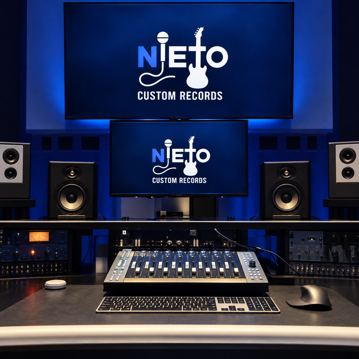 Recording desk and studio monitors at Nieto Custom Records
