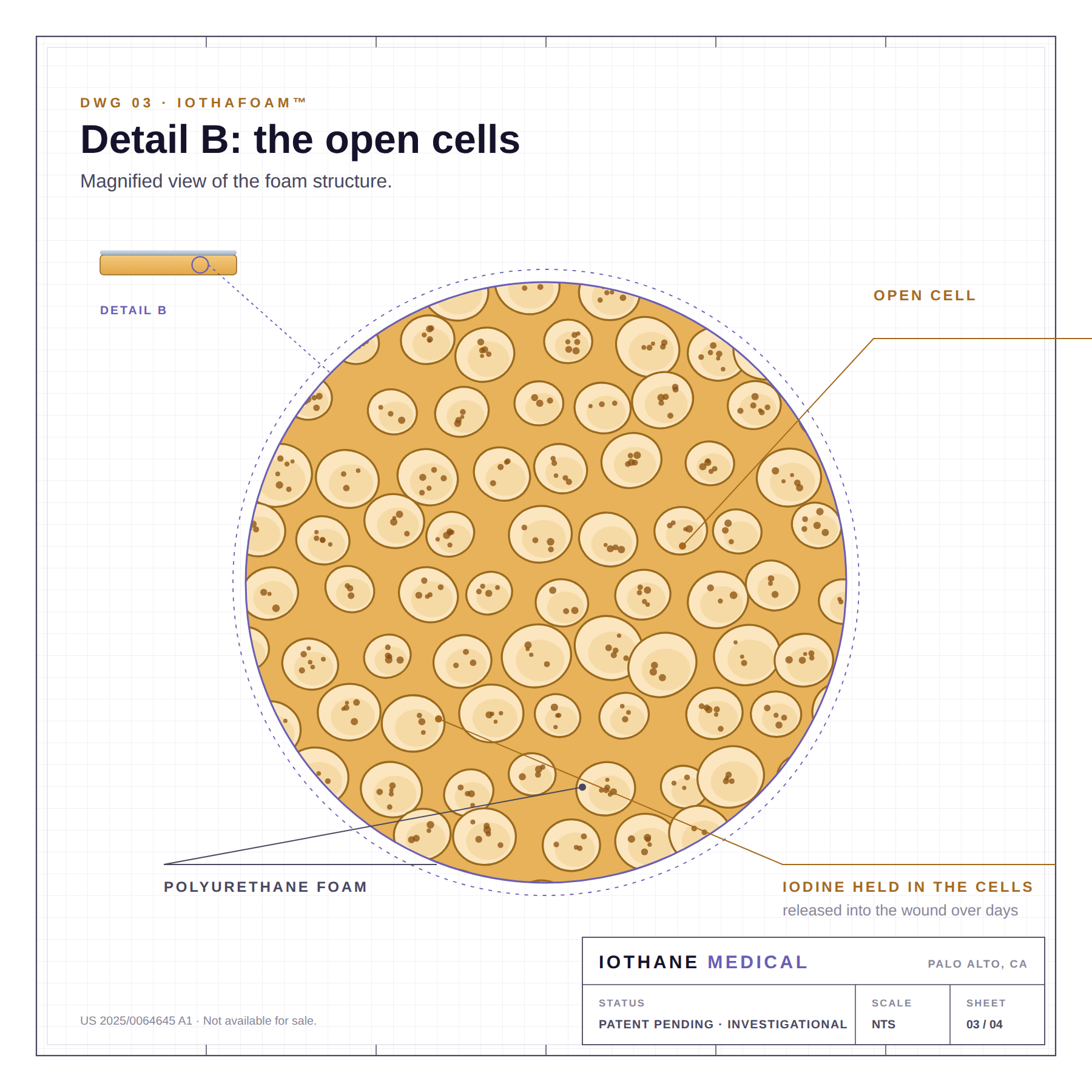 Technical drawing: magnified view of the open-cell foam holding iodine
