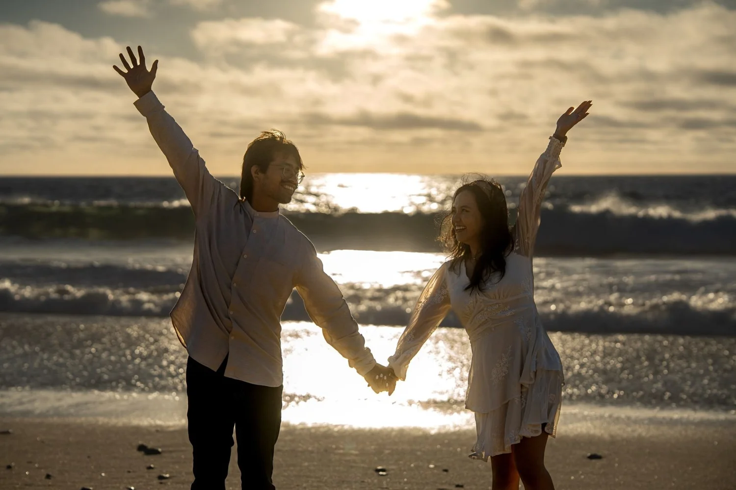 Couple embracing in soft evening light