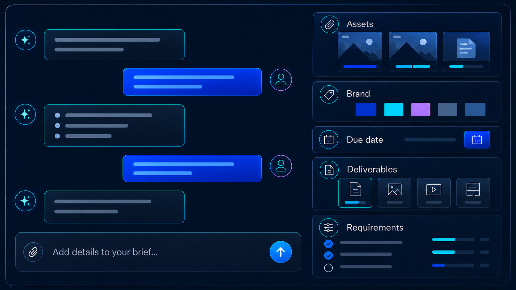 Conversational AI briefing experience with assets, brand information, due-date selection, and deliverable requirements