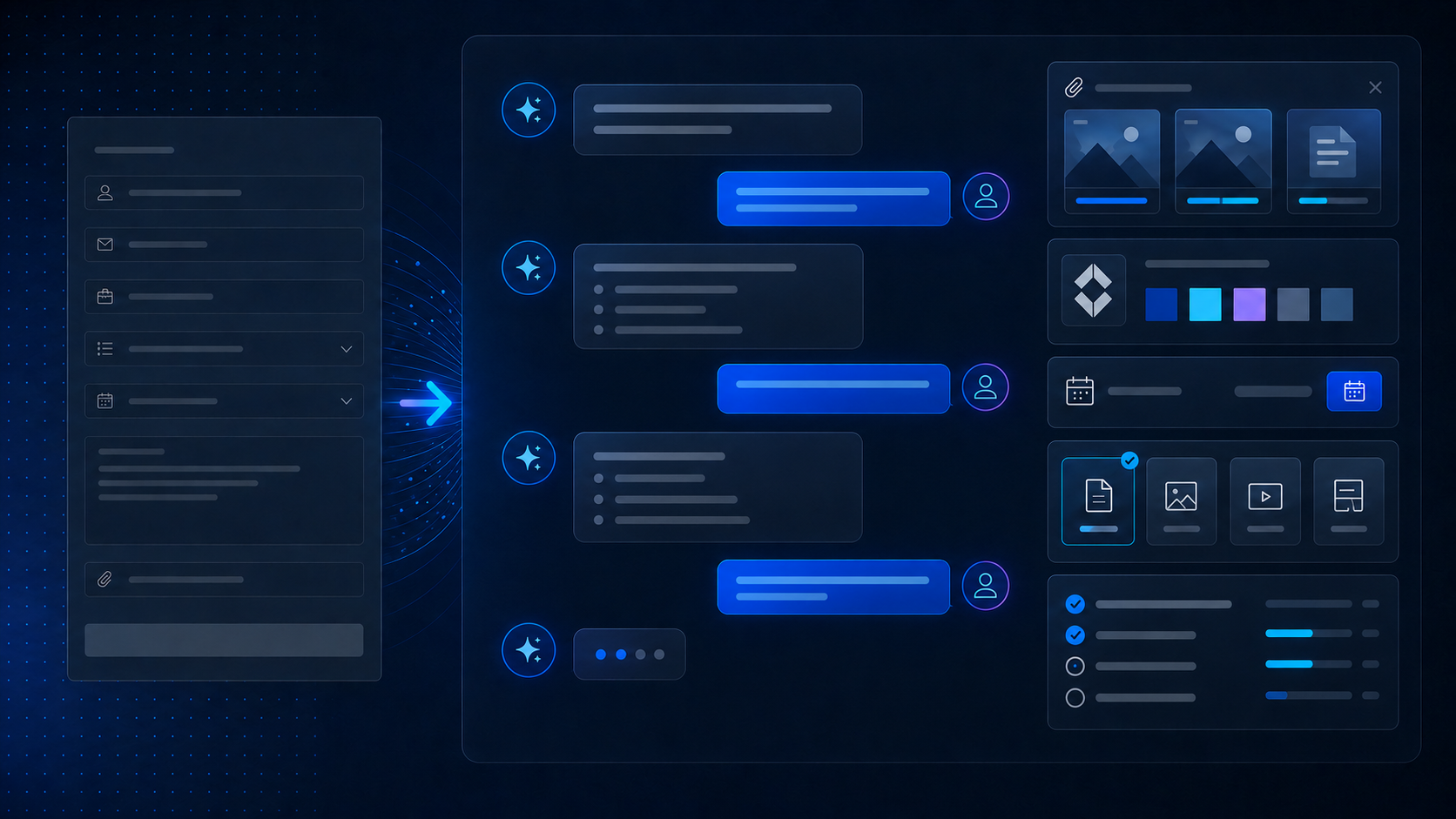 Static creative intake form transitioning into a conversational AI briefing experience with assets, brand context, due-date selection, and deliverable requirements