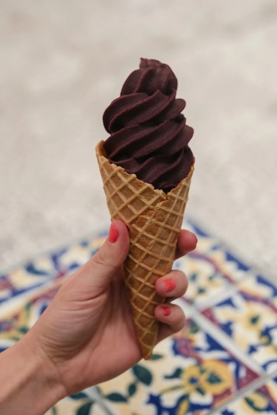 Açaí soft-serve in a waffle cone