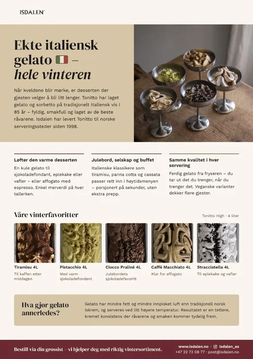 Scheda di vendita del gelato Tonitto per l'inverno