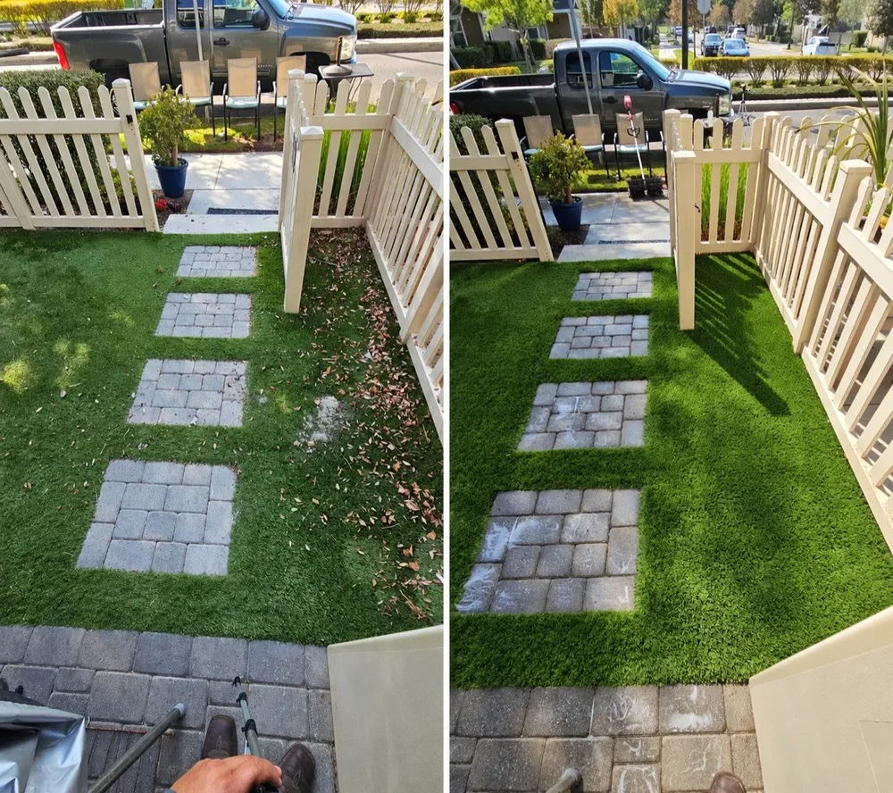 Front-yard artificial turf before and after a Hydroforce clean
