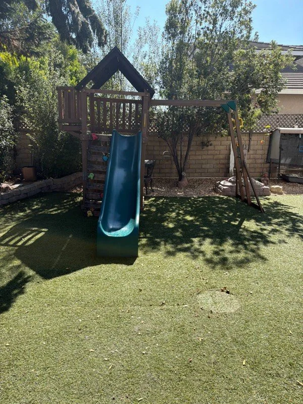 Backyard playground artificial turf before a Hydroforce cleaning