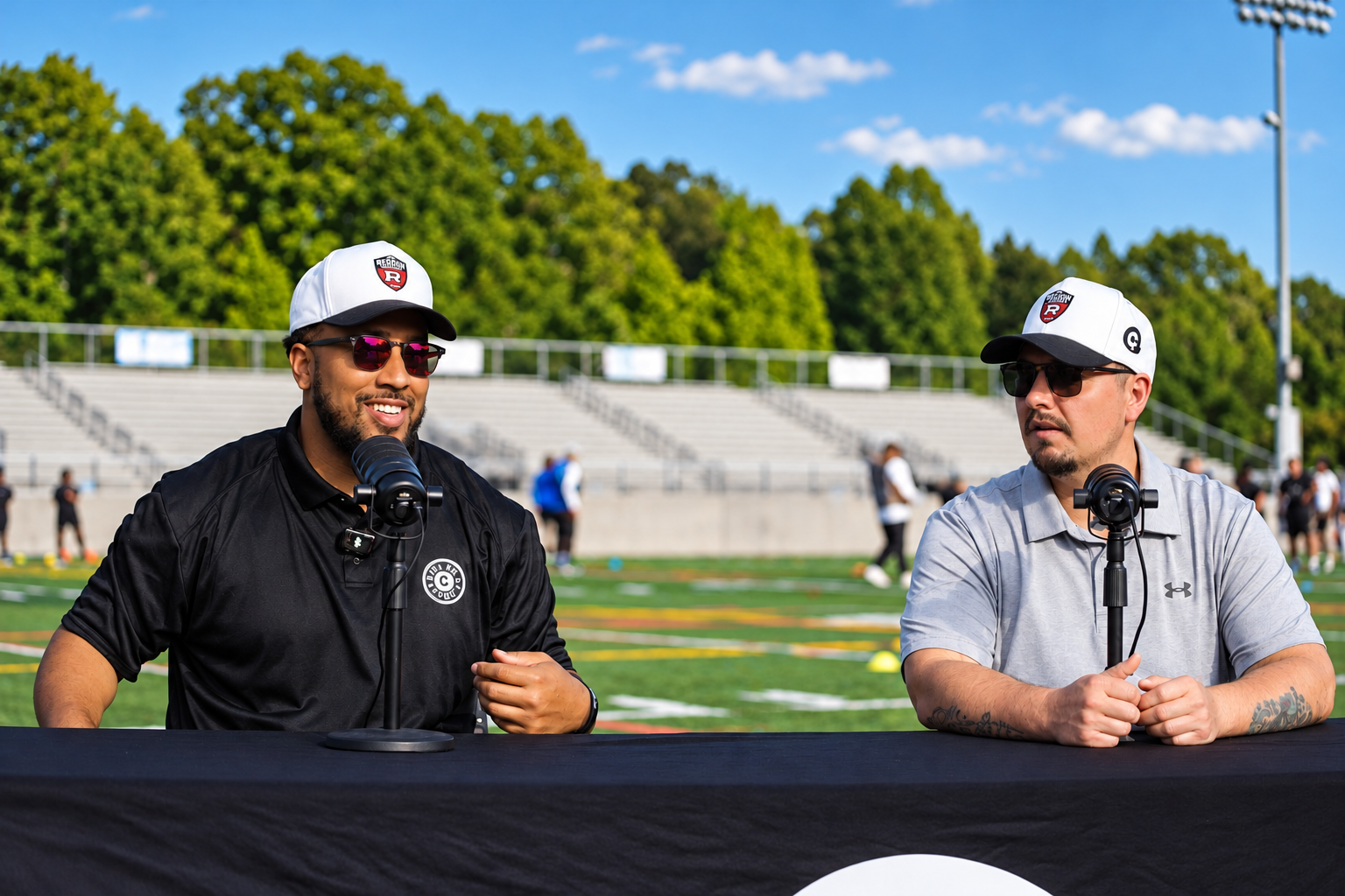 Tommy Reamon and Wesley West at the table during the Bay River College Showcase in Williamsburg, Virginia, in 2026