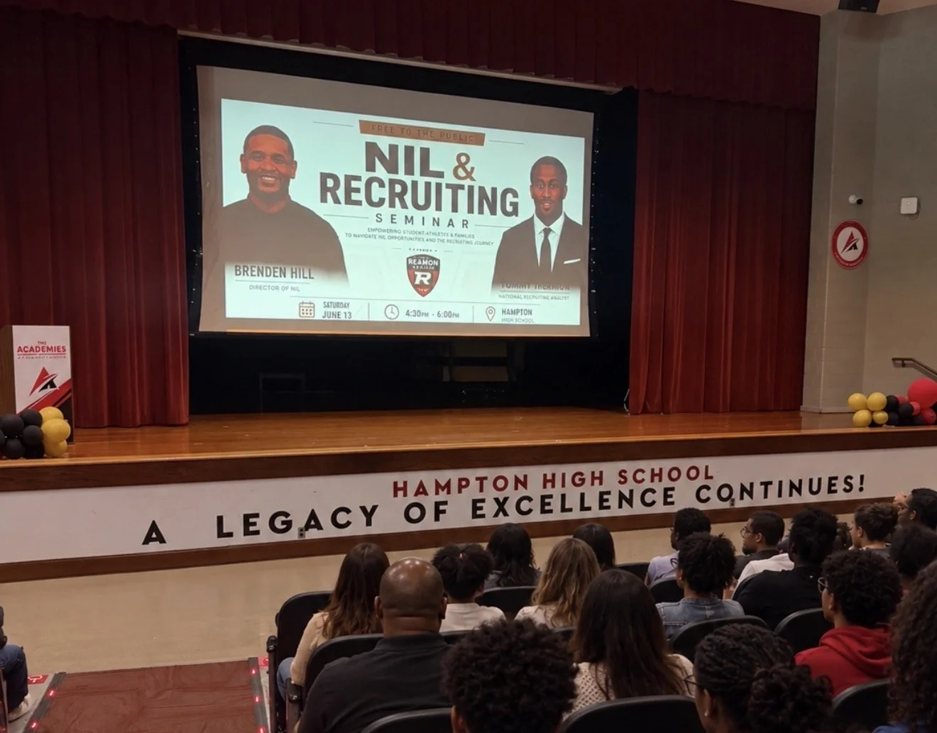 Families attending the NIL and Recruiting Seminar with Tommy Reamon and Brenden Hill at Hampton High School in 2026