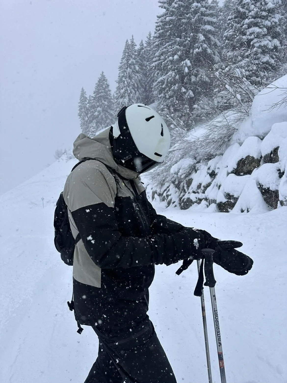 Skiløber med TORAN skibrille holder pause med skistave i snefald