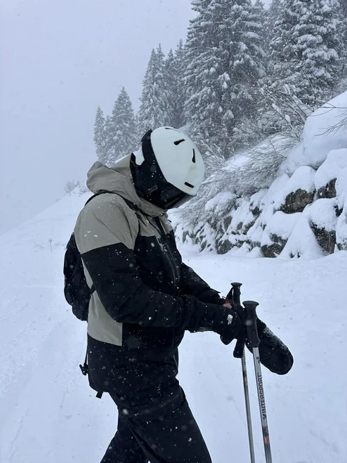 Skiløber med TORAN skibrille og skistave i snefyldt skov